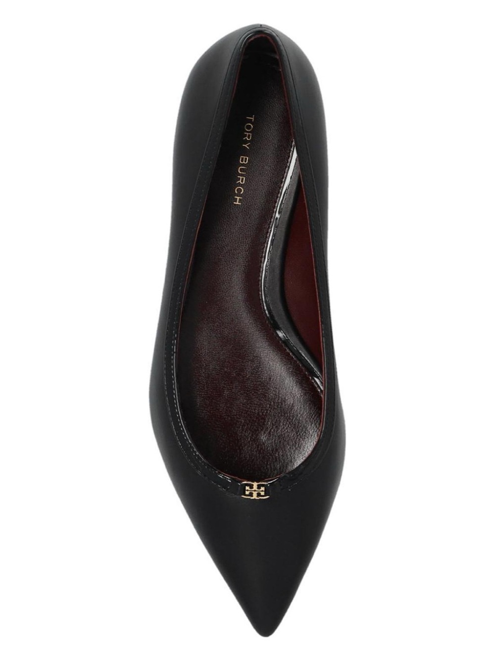Tory Burch Double T Buckle Pointed Toe Leather Flat with Gold Logo